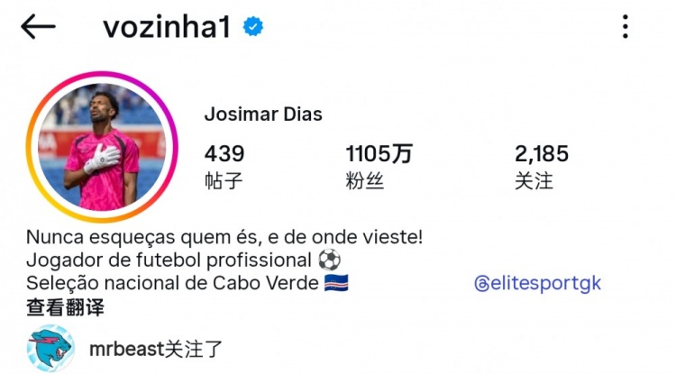 佛得角门将粉丝数暴涨超1100万 NBA仅12人达千万 詹皇1.5亿断层领先
